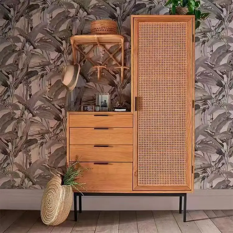 Retro rattan homestay, Japanese solid wood wardrobe, simple small apartment, bedroom, single wooden door, four-drawer rattan war