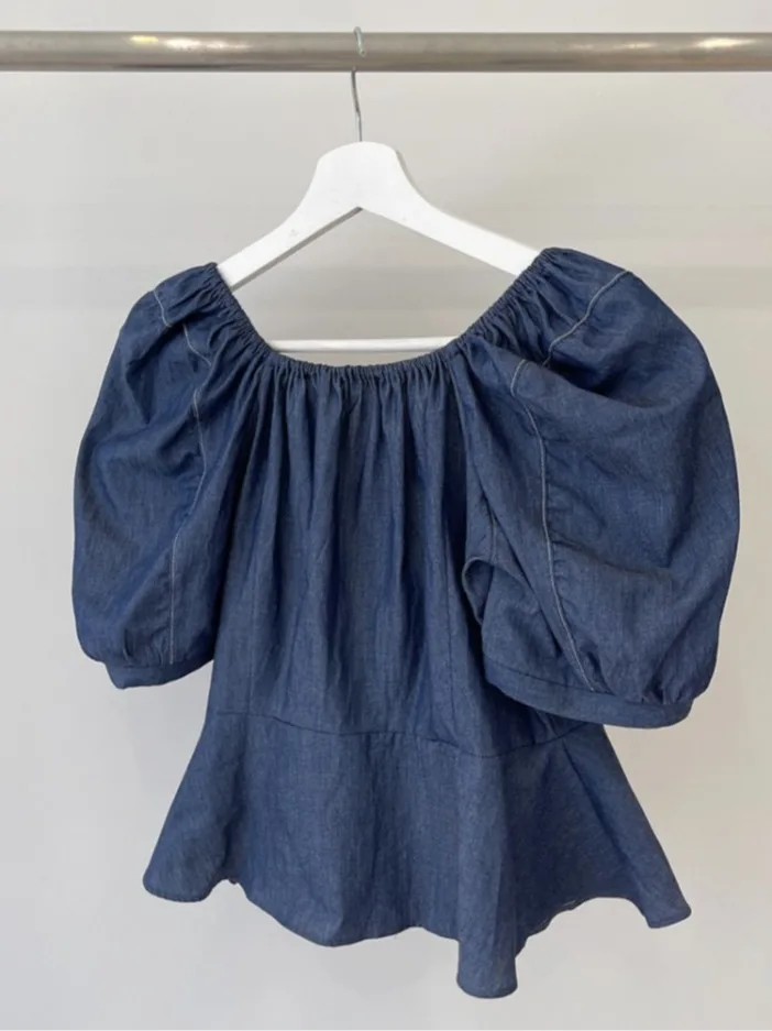 Retro Sle Women's Denim irt Summer New Waist-Cinching Slim ort Sve One-oulder Top Floral Lace Trim Commute Sle