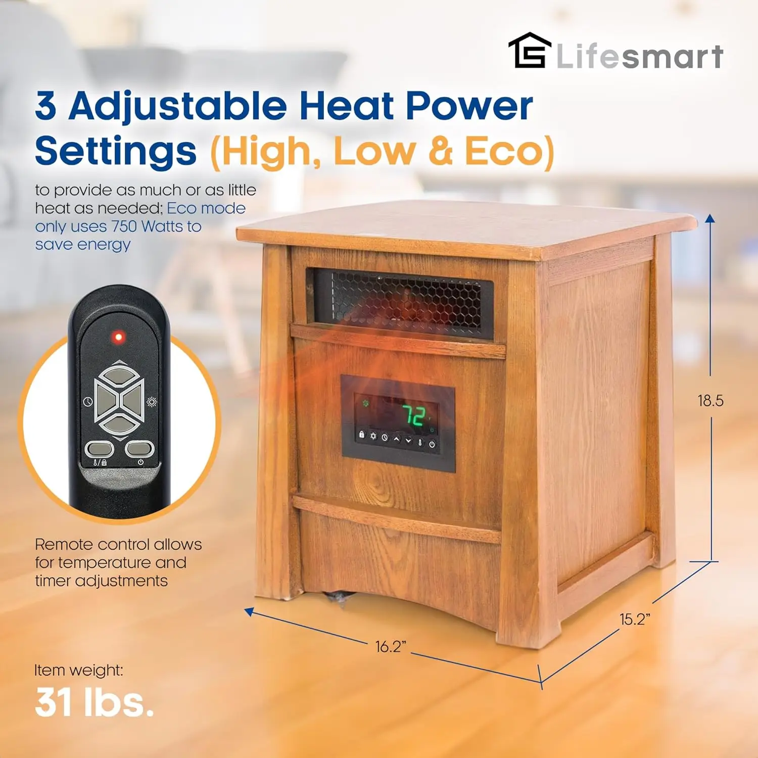 LifePro Ultimate 1500 Watts Electric Infrared Quartz Space Heater with Remote and 8 Heating Elements for Indoor Use, B