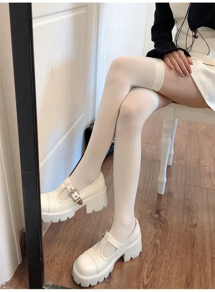 Student Girl Weiß Transparent Über Kniehohe Strümpfe Schwarzes Top Japanischer Stil JK Samt Lange Socke Sexy Up Knielange Strumpfwaren – Detail 2