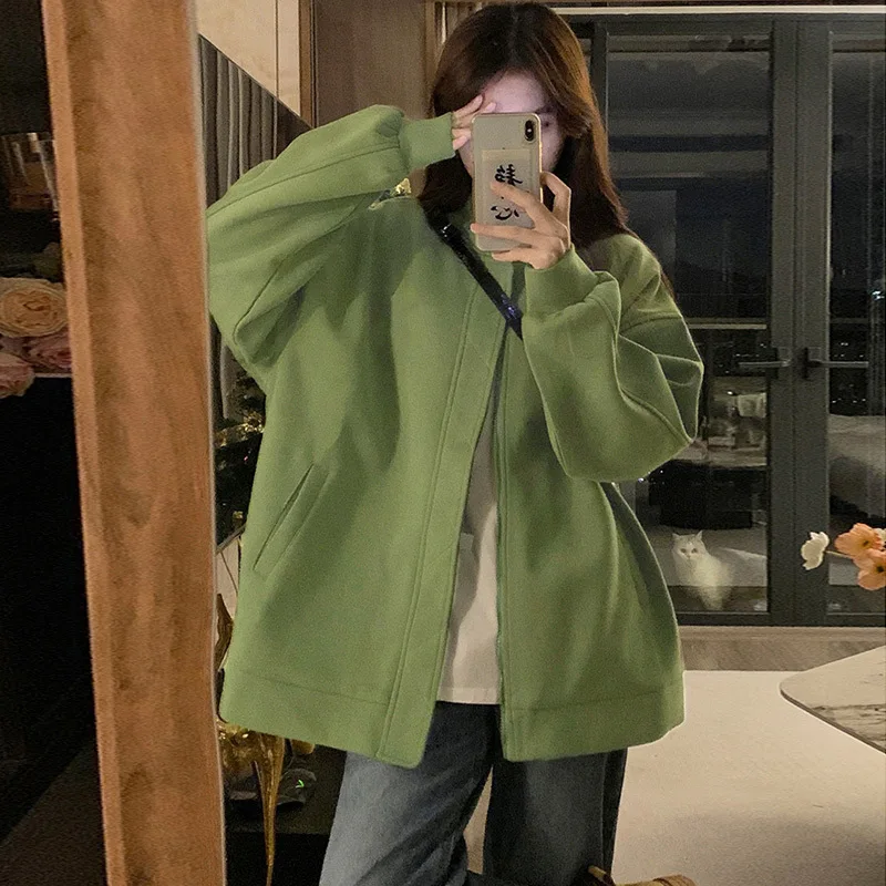 American Retro Baseball Jacket 2024 Jogging Suits for Women New Mid-length Loose Green Long-sleeved Jacket Women's Sports