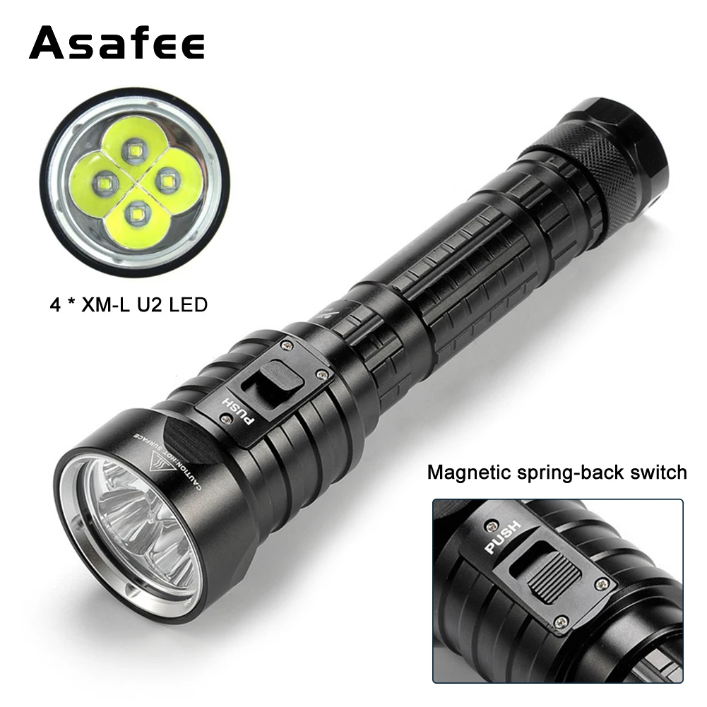 Asafee 100M Underwater XM-L U2 LED 4500LM Diving Flashlight IPX8 Waterproof Torch Portable Scuba Lantern