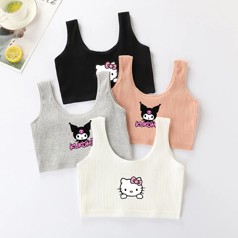 Anime Hello Kittys Teenage Cotton Sports Bra Sanrios Kuromi Cinnamoroll Girl's Tops Camisole Vest Underwear Adolescent Girl Bra