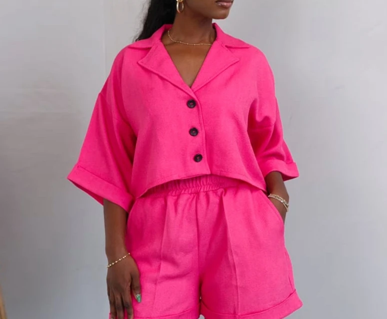 Elegant 2-Piece Women's 2024 Summer Fashion Set Solid Color Polo Neck Button Short Sleeve Top High Waist Loose Casual Shorts Set