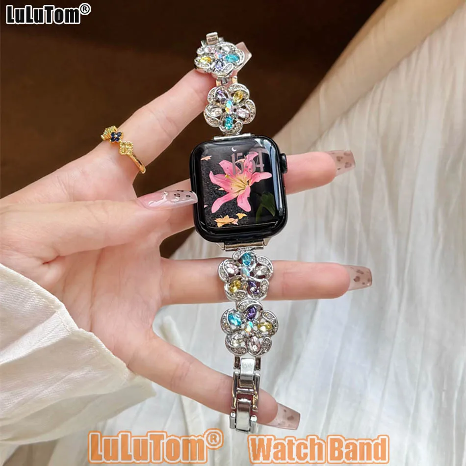 Elegant Flower Diamond Strap for Apple Iwatch Series 11 10 9 8 7 6 5 4 3 SE Ultra Watch Band 38 40 41 42 44 45 46 49 mm Bracelet