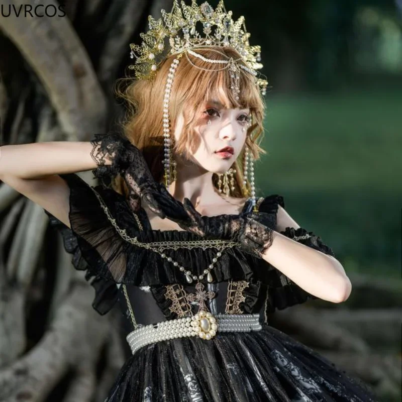 Vestido japonés victoriano Lolita Jsk para mujer, vestido gótico Retro con tirantes, estampado de princesa funeraria oscura, vestido de fiesta de té para niña dulce