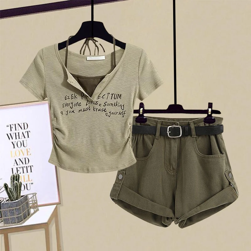 

American Style Denim Set Women Summer New Hanging Neck Short Sleeve T-Shirt with Cuffed High Waist Wide Leg Shorts Two-Piece Set