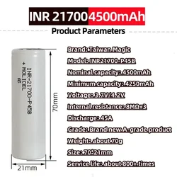 1-20pcs INR 21700 P45B 4500mAh 3.7V 10C High Power Discharge Large Capacity Rechargeable Battery 21700+Nickel Sheet+Wire