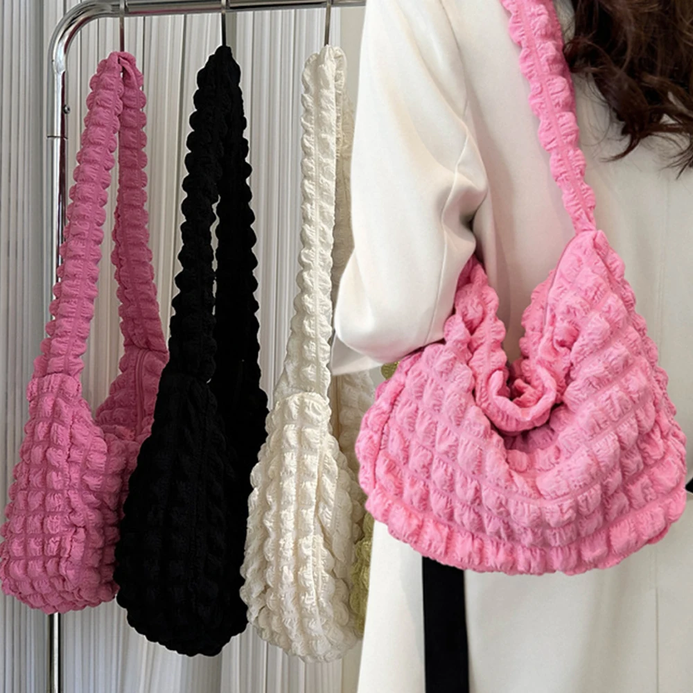 

New Women Crossbody Bag Pleated Design Embroidered Plaid Shoulder Bag Underarm Bags Simple Large Capacity Quilted Tote Bags
