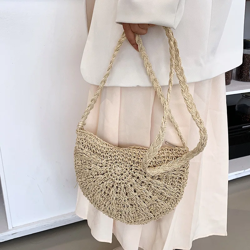 Mode Halbkreis Stroh Gewebt Schulter Umhängetasche Reise Kleine Handtasche Damen Sommer Handgemachte Rattan Quaste Design Strand Tasche – Detail 6