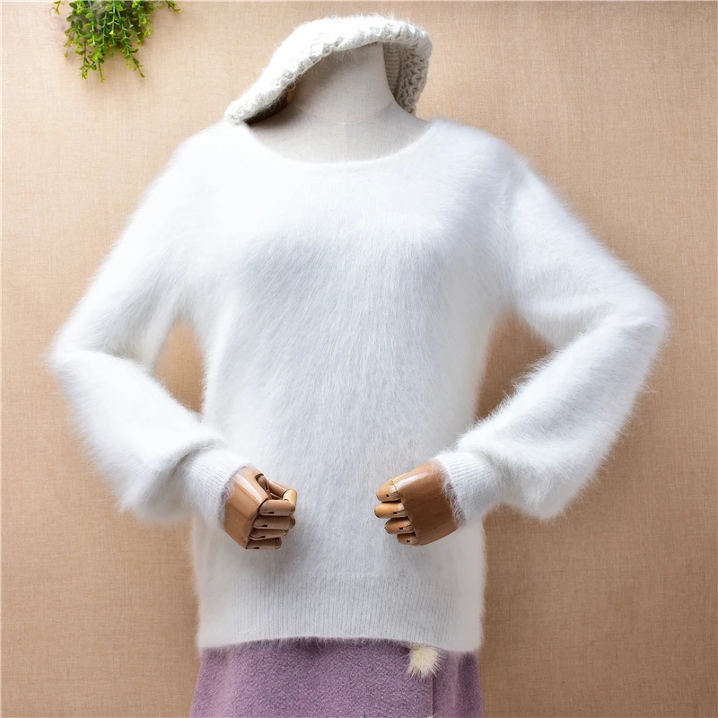 04 Ladies Women Fall Winter Clothing Colored Hairy Mink Cashmere Knitted O-Neck Long Sleeves Slim Blouses Pullover Sweater Pull