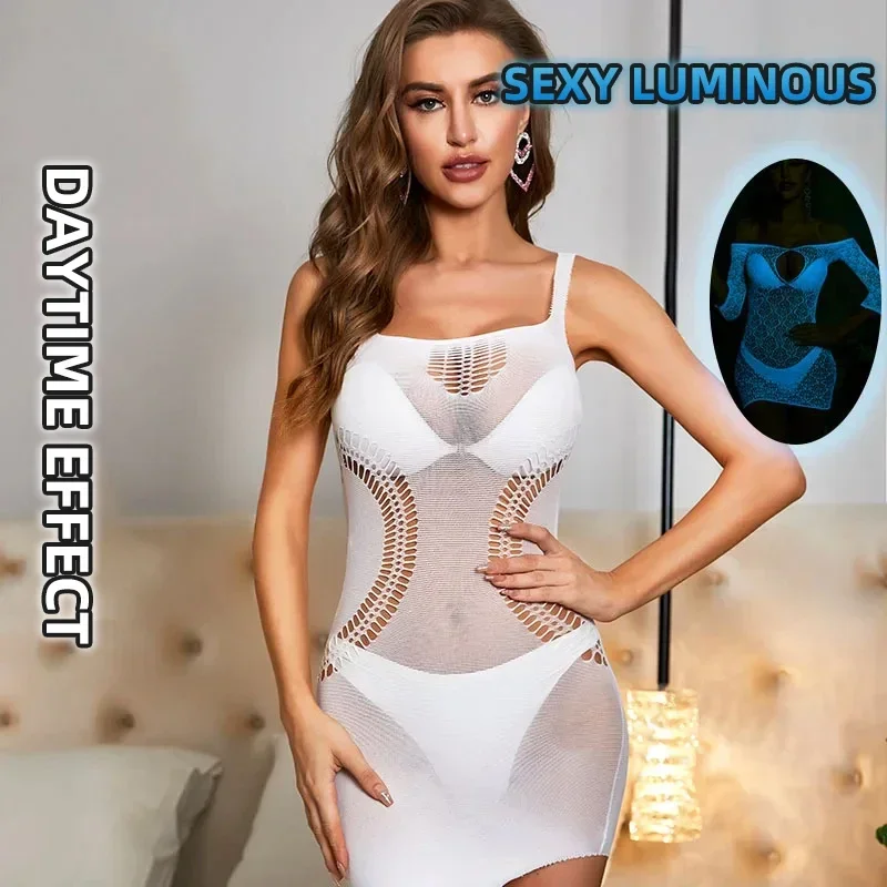 Luminous Dress Sexy Lingerie Porn Bodystockings Women Body Suits Underwear Crotchless Babydoll Fishnet Bodysuit Erotic Costumes