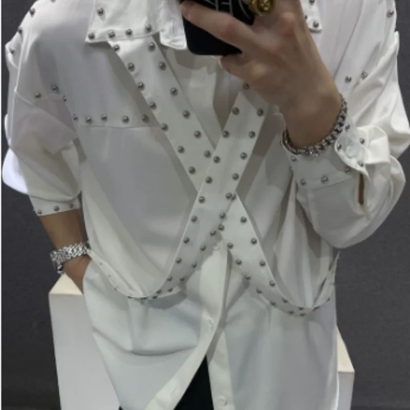 custoMens Ribbons Rivets Shirts Autumn Streetwear Fashion Trends Campus Performances Casual Long-Sleeve Tops Men'S Clothing 2026