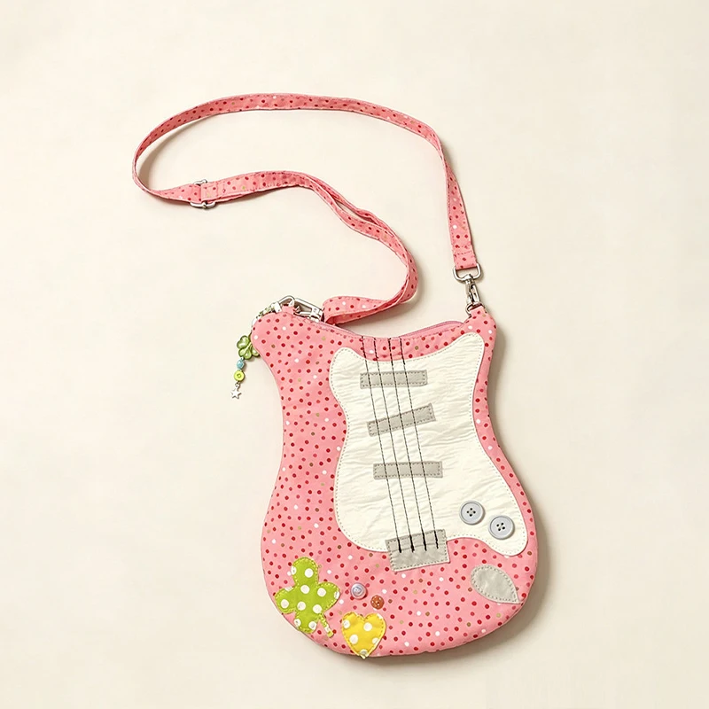 Cute Polka Dot Guitar Shaped Crossbody Bag Kawaii Floral Guitar ShoulderBag Novelty Quilted Fabric Handbag Daily Messenger Purse