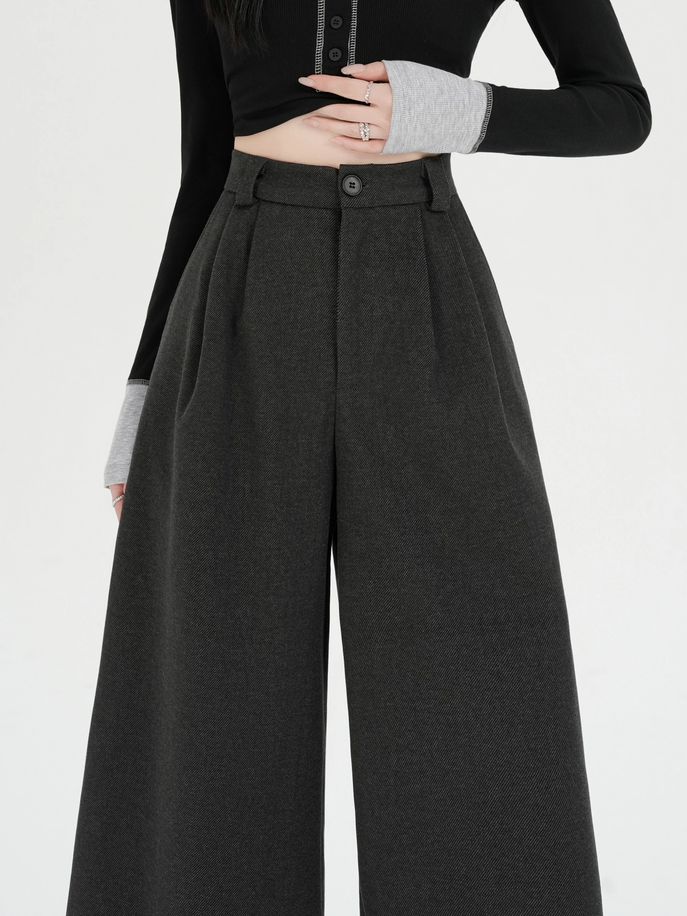 Pantaloni da abito a gamba larga a vita alta da donna autunno inverno nuovi pantaloni di lana color caffè casual larghi drappeggiati