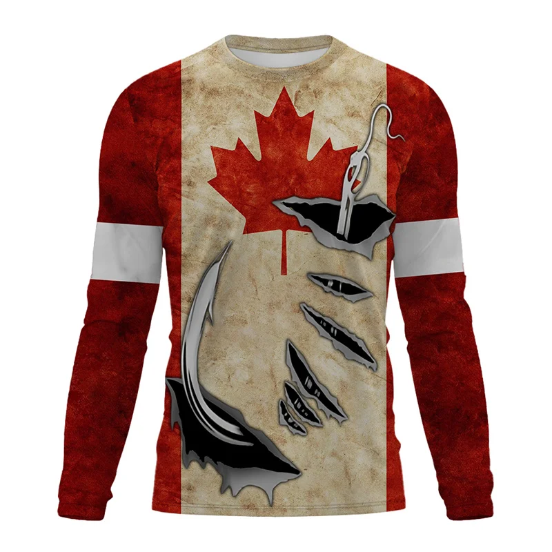 Canadian Fish Hook Pattern T-Shirt For Men Outdoor Fishing 3D Printed T Shirts Summer Casual Long Sleeves Loose O-Neck Tops Tee