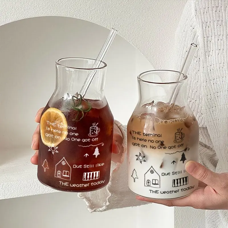 1PC Simple Lines Graffiti Glass Cold Brew Coffee Cup Large Capacity Water Cup Office Milk Juice Household Goods
