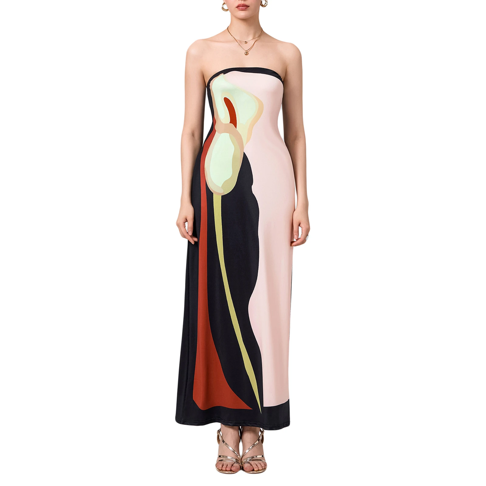 Women's Strapless Long Dress Fashion Open Back Sleeveless Abstract Print Loose Tube Dress Summer Beach Dress for Party