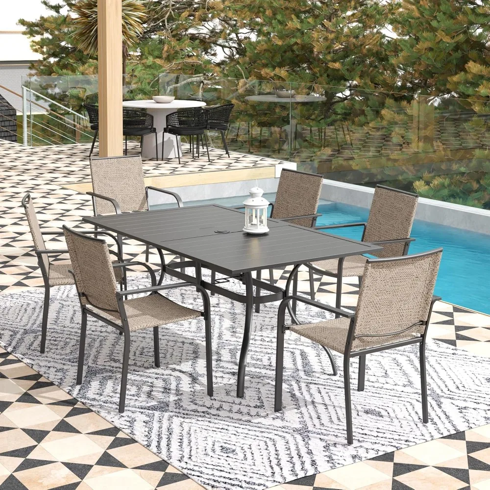 7-Pc Outdoor Dining Set, Steel Table + 6 Stackable Sling Chairs, 63x38 In, Beige