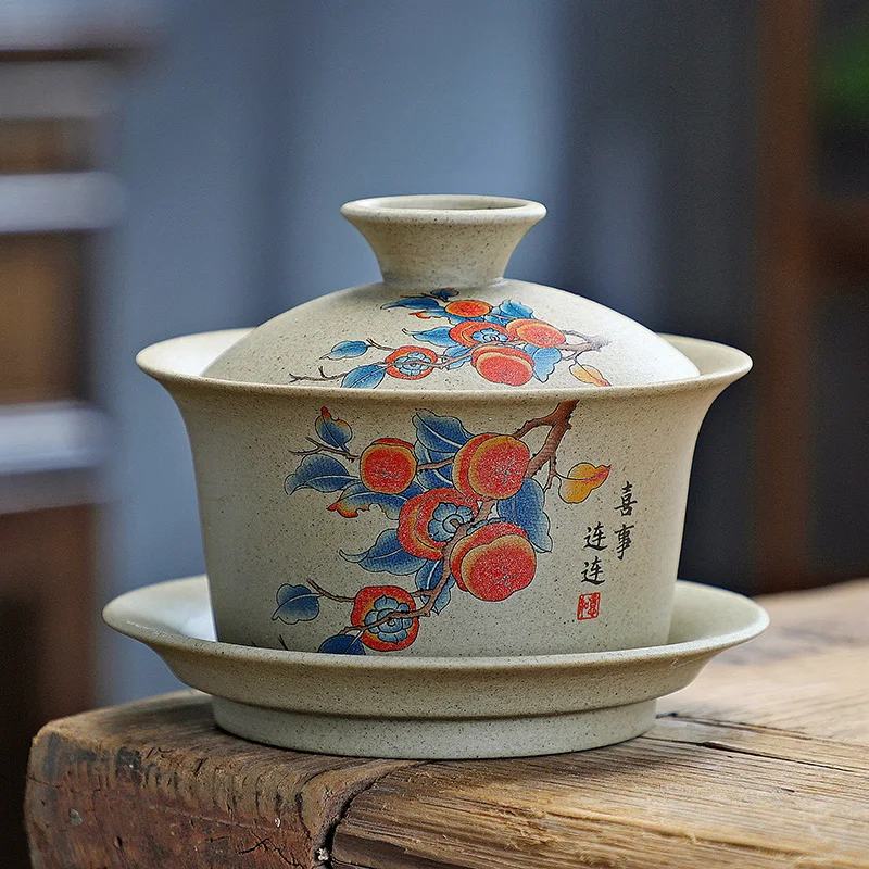 Coarse Pottery Covered Bowl Purple Clay Tea Making Bowl Kung Fu Tea Set Hand-held Bowl Sancai Gaiwan Home and Office Tea Maker