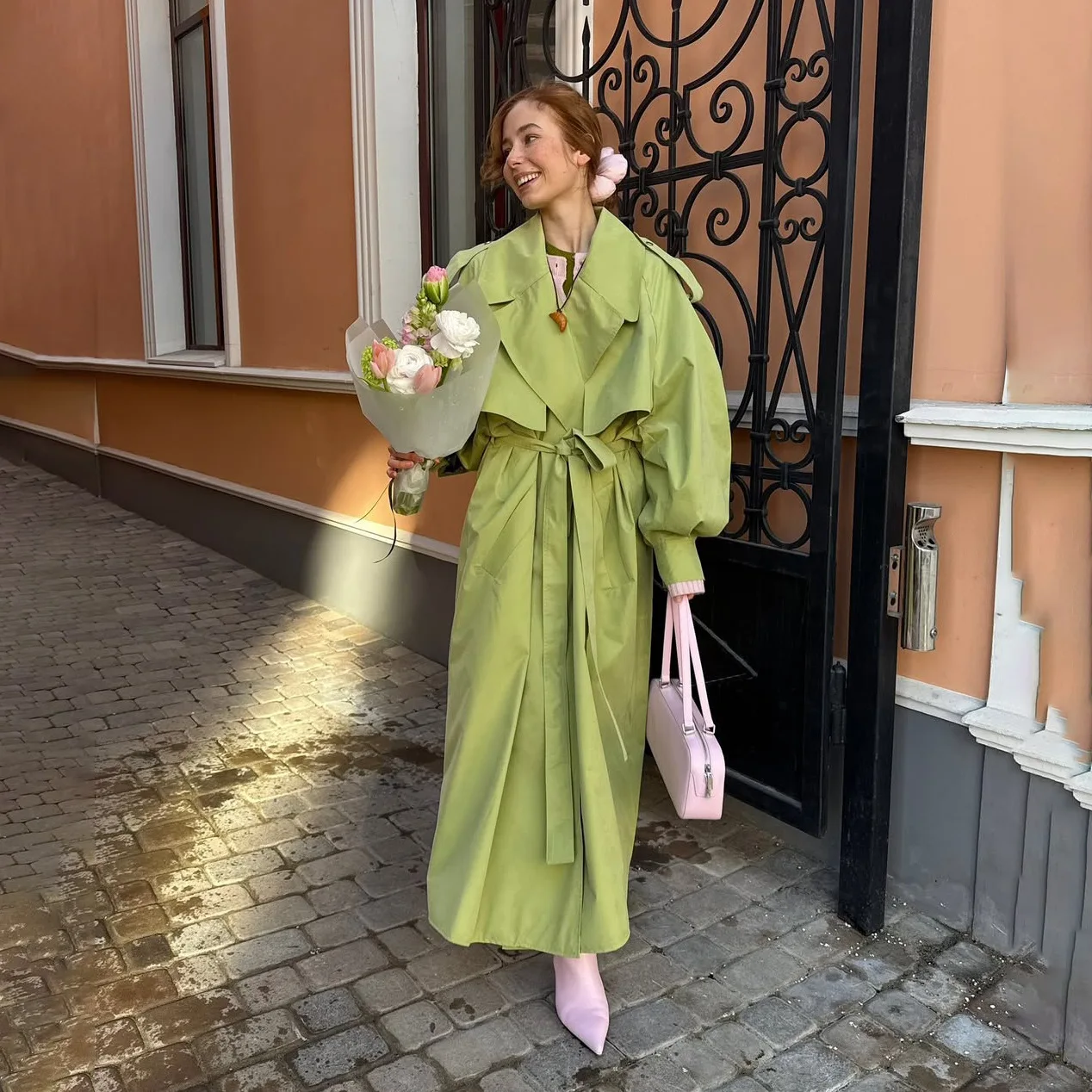 Green Maxi Trench Coat Oversized Lapel Shoulder Strap Self Tie Waist Belt Puff Sleeve Double Breasted Loose Long Outerwear260701