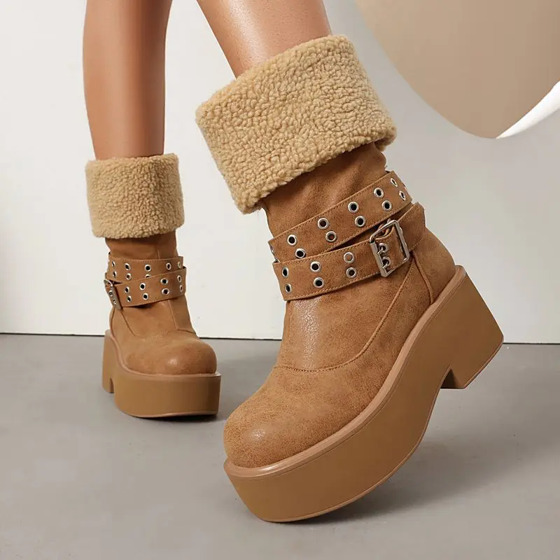 REAVE CAT Winter Snow Women Mid Calf Boots Round Toe 6.5cm Thick Heel 4cm Platform Slip On Belt Buckles Plush Warm Booties