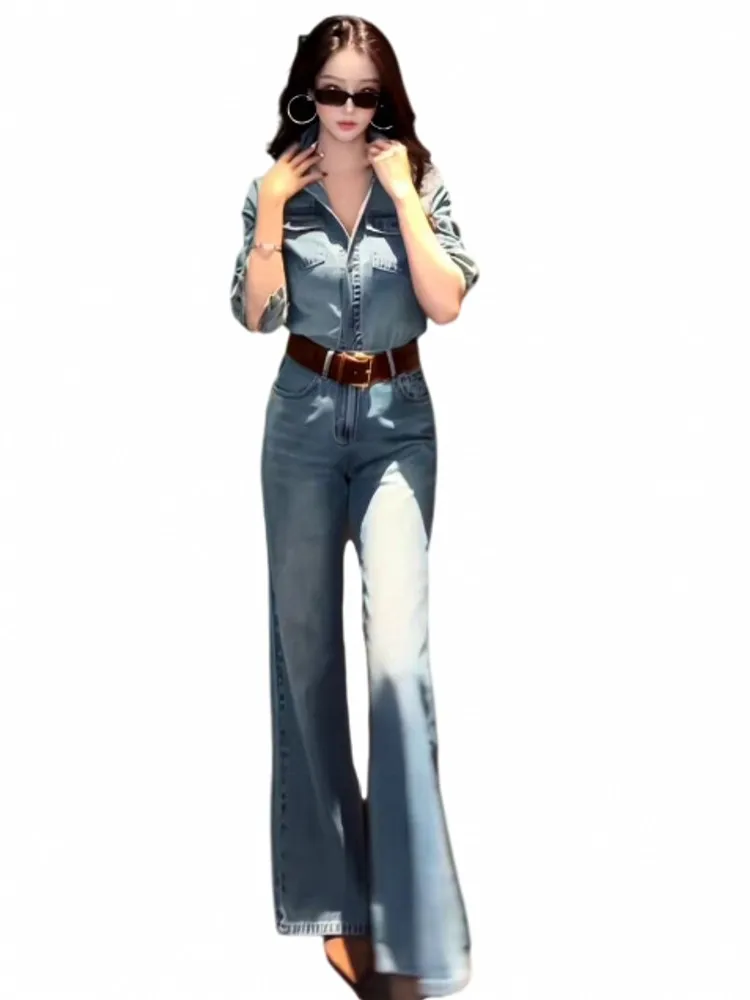 Office Ladies Blue Denim Shirt Sets Spring Chic Long Sleeve Turndown Collar Tops Matching Set Fashion Straight Long Pant Outfits