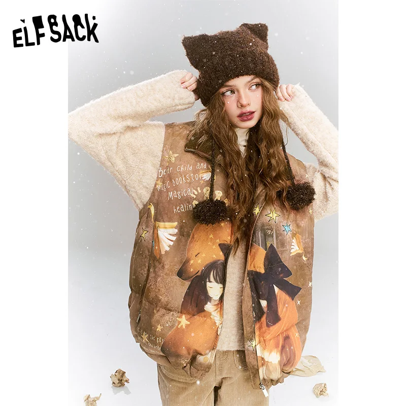 ELFSACK 2024 Winter New Arrivals Original printed retro loose coffee bear warm down vest