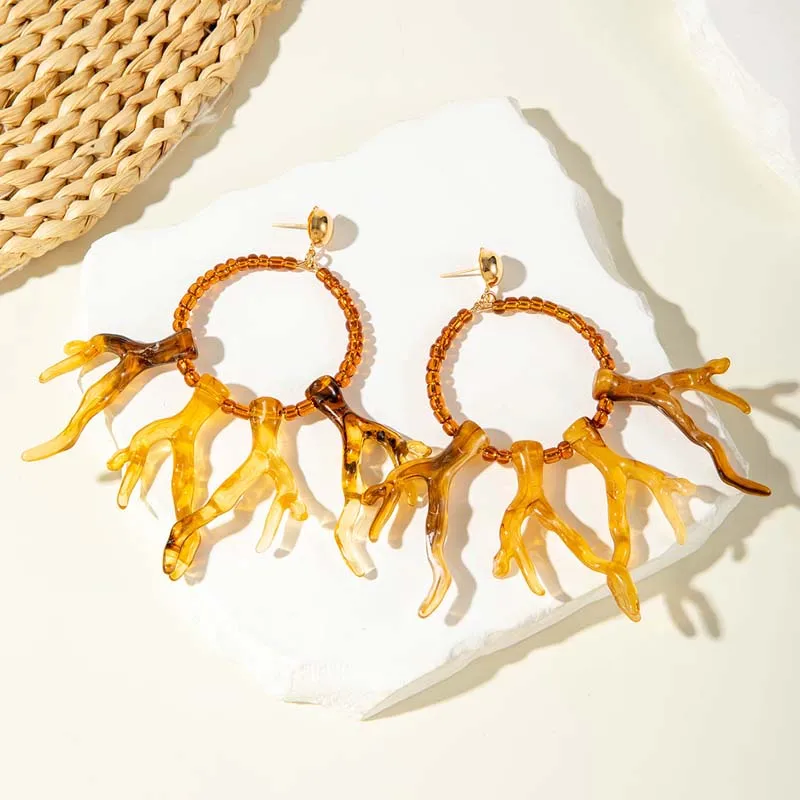 البوهيمي براون المرجان قلادة أقراط للنساء موضة الاكريليك هندسية حبة شرابة أقراط أذن منسدلة مجوهرات اكسسوارات