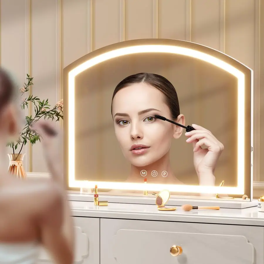 مرآة مكياج مقوسة مع ضوء، مرآة مكياج Led مقوسة 28 × 22 مع تكبير 10 مرات، مرايا مكتب على سطح الطاولة مع شاشة شحن USB #3
