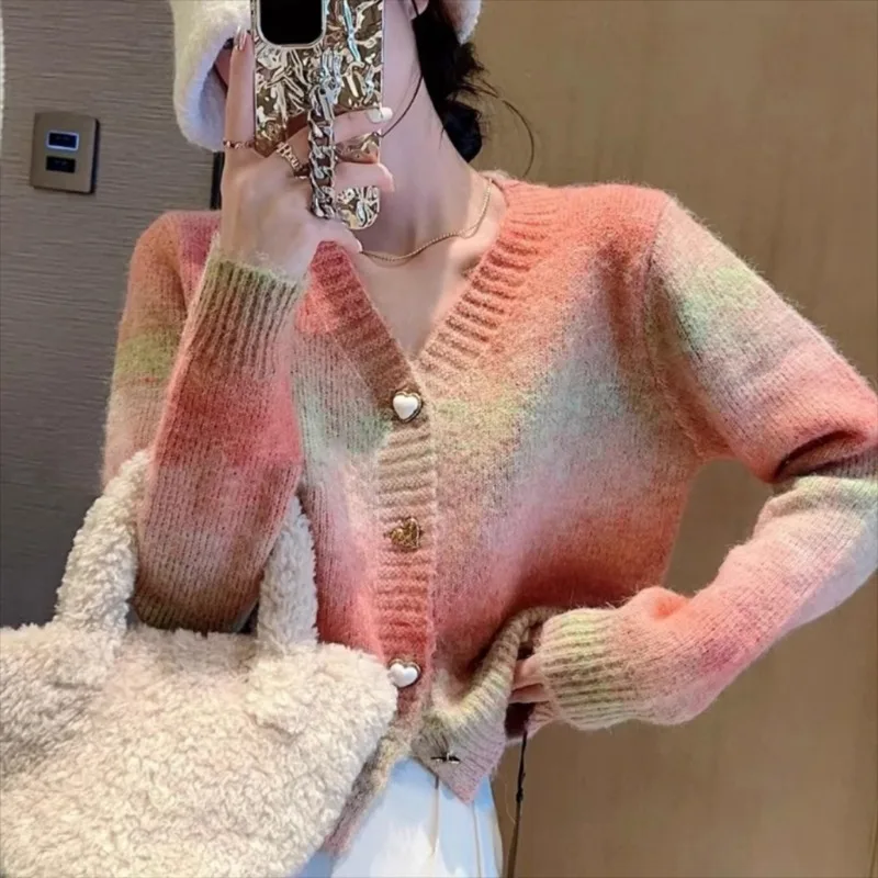 Gradient Cardigans for Women V-neck Ins Sweet Girls Candy Colors All-match Korean Style Spring Autumn Outwear Popular Knitted