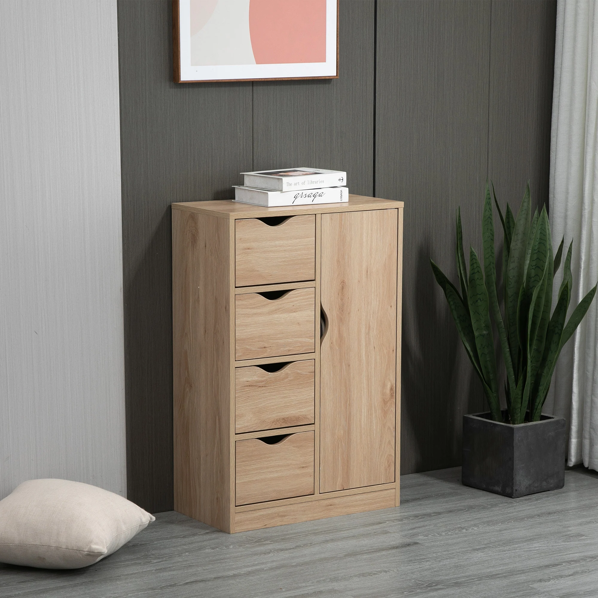 HOMCOM Armario de Salón 4 Cajones Puerta y Estante Interior 54x29x83 cm Roble
