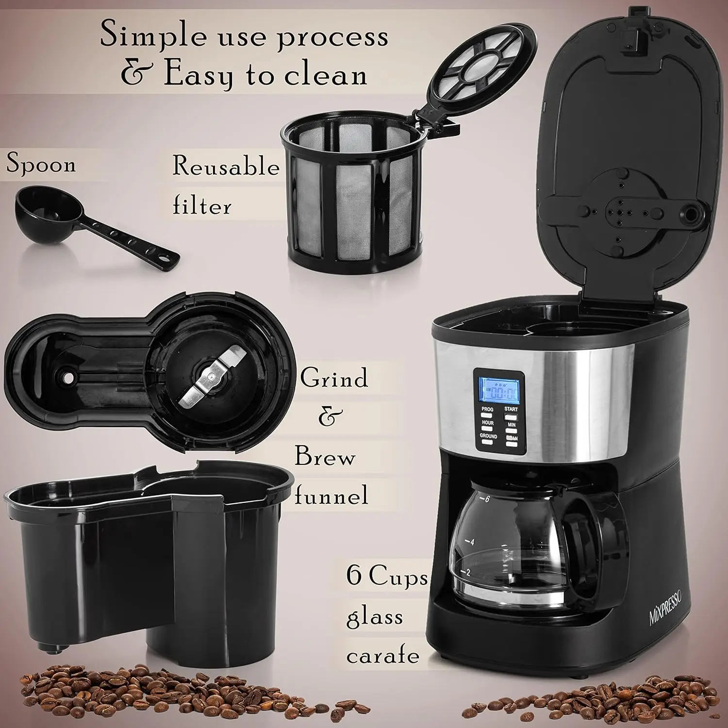 Automatic Drip Coffee Maker with Built-In Burr Grinder, 5-Cup Programmable Smart Coffee Machine with Timer, Glass Carafe Include