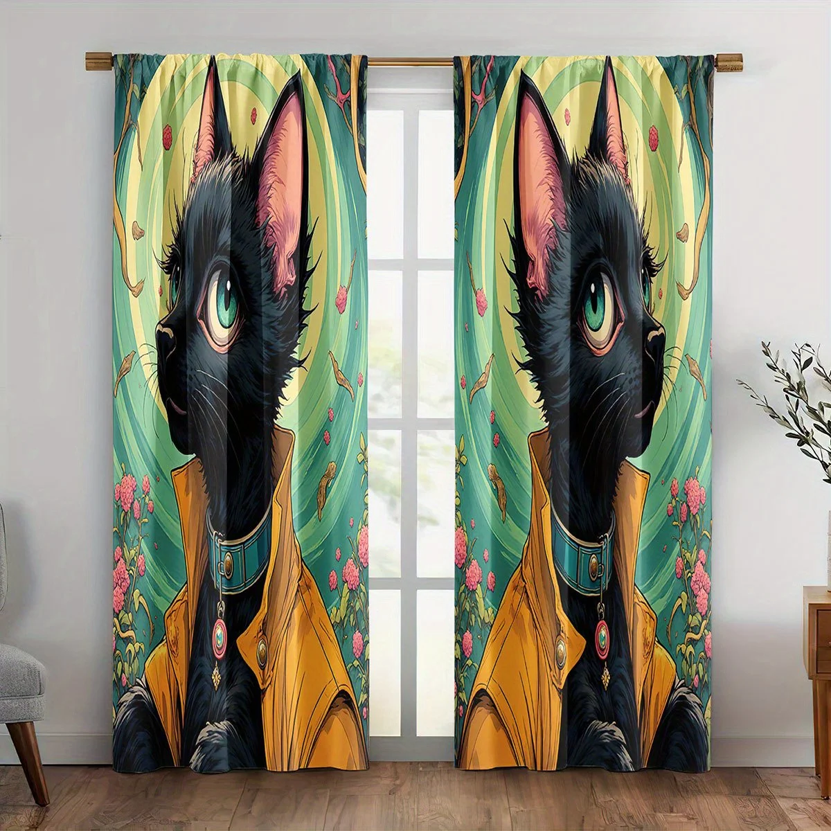 Artistic Black Cat Print Curtains, Cute Animal Portrait Blackout Drapes for Bedroom, Vintage Style Pet Lover Home Decor Window