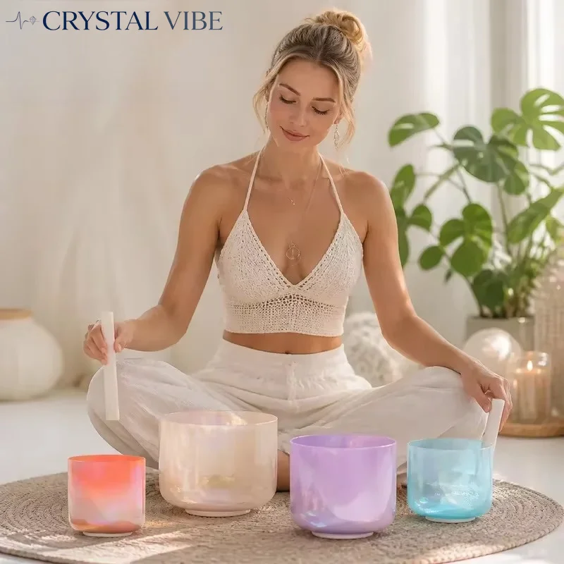 CRYSTAL VIBE7 Inch Clear Quartz Crystal Singing Bowl with Mallet Dream Flame Nebula Color Alchemy Sound Healing Therapy Instrume