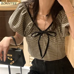 Blouses Women Plaid Summer Vintage Fashion V-neck Simple Short Puff Sleeve Leisure Bandage Slim All-match Streetwear Blusas