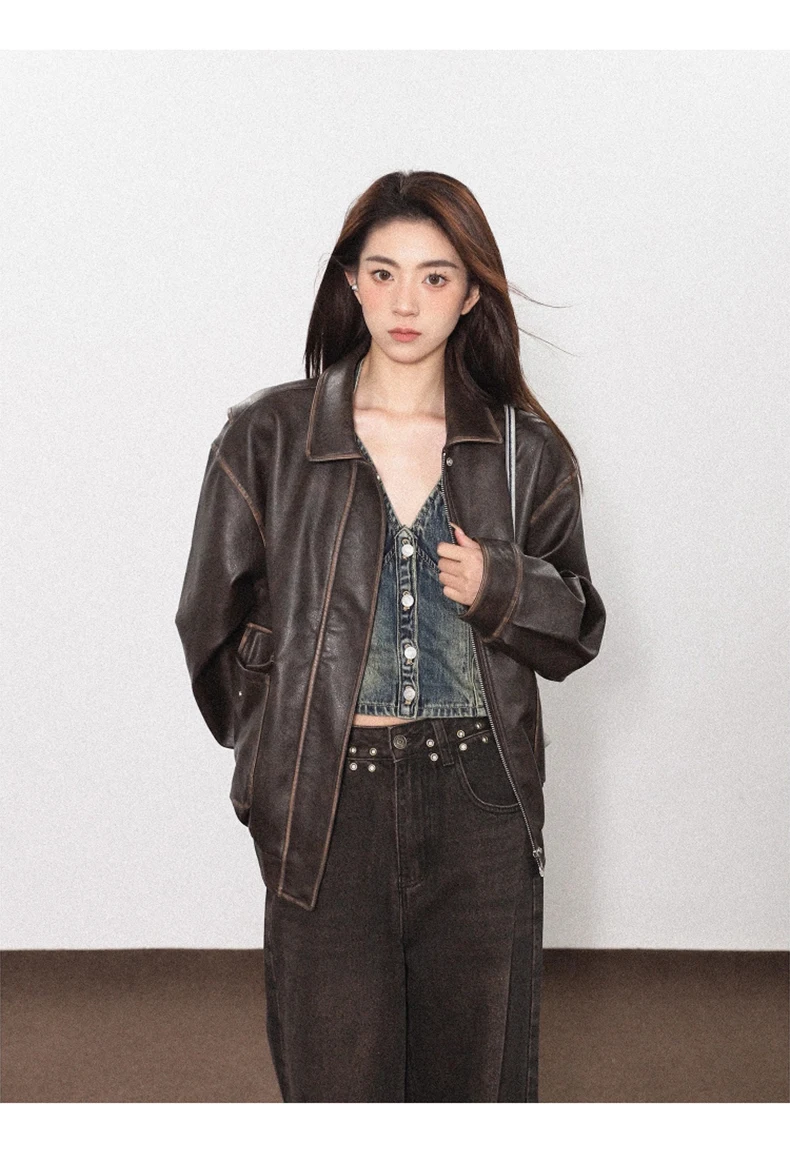 Lautaro Spring Autumn Cool Handsome Soft Vintage Distressed Brown Pu Leather Jacket Women Long Sleeve Luxury Designer Clothing