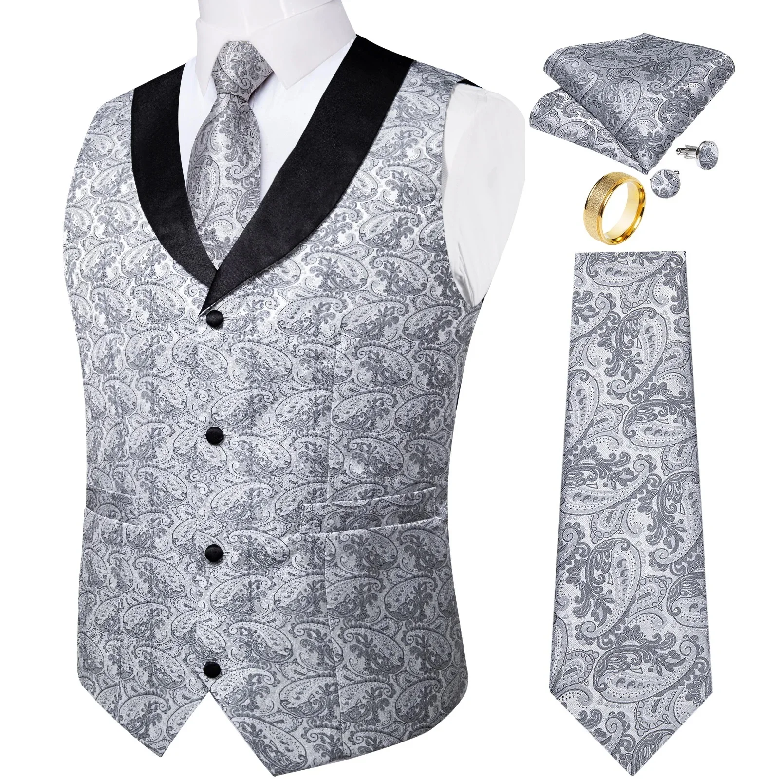 Brand New Wedding Paisley Vest for Man Business Party Adjustable Sleeveless Men's Waistcoat Necktie Pocket Square Ring Cufflinks