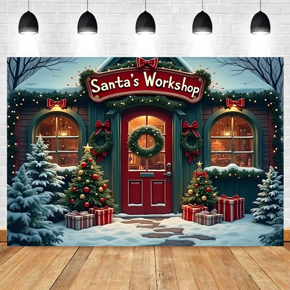 Santa Claus' Toy Store Photography Backdrop Retro Christmas Decoration Christmas Tree Wreath Gift Kids Family Party Background