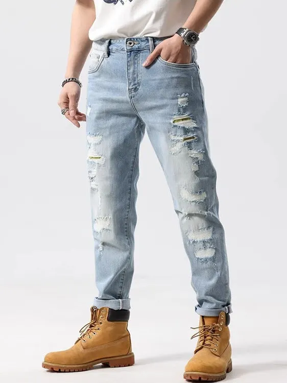 

Summer New Sle Men's Slim Fit Casual Jeans Patchwork Faion Brand Lightweight Long Pants Middle Waist Straight Leg Jeans