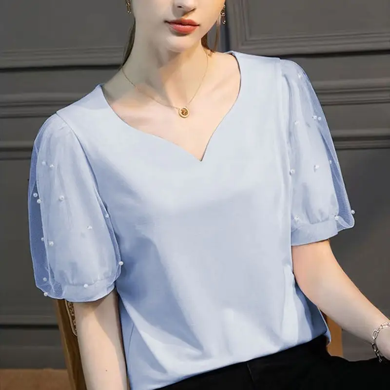 Chic Pearl Beading Peach Heart V-Neck Shirt Office Lady Stylish Summer Sweet Puff Sleeve Basic Solid Color Gauze Spliced Blouse