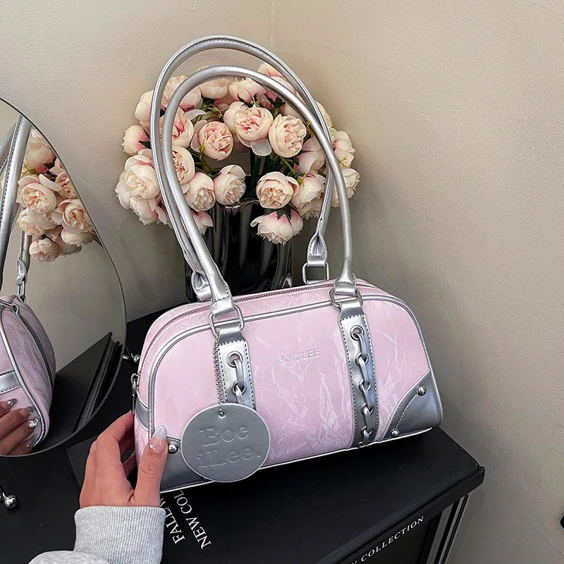 

Commuter One-shoulder Boston Bag Fashion Color-blocking Casual Style Korean Popular Spring New All-matching Sweet Cool