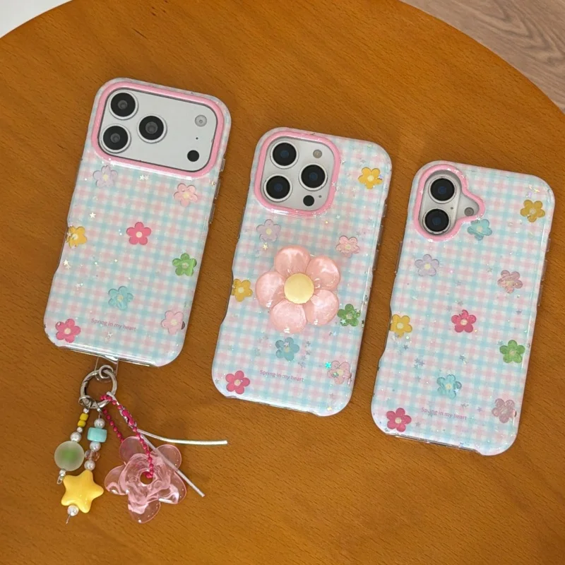 Koran Pink Blue Plaid Pattern Laser Flower Phone Case For iPhone 17 Pro 16 15 14 Pro Max Cover with Stand Pendant Cute Protectiv