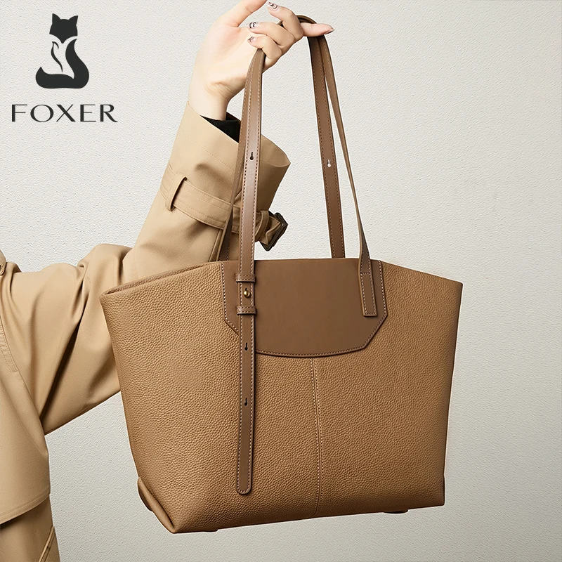 FOXER Women\'s High Quality Genuine Leather Handbag Lady Fashion Big Capacity Tote Commuter Underarm Shoulder Bag Cowhide Shopper