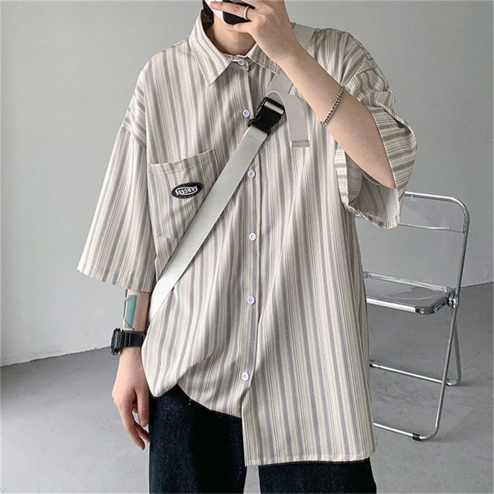 Sommer männer Kurzarm Gestreiften Shirts 2022 Mode Druck Hemd Herren Blusen Streetwear Marke Lose Beiläufige Hemd Tops Männer