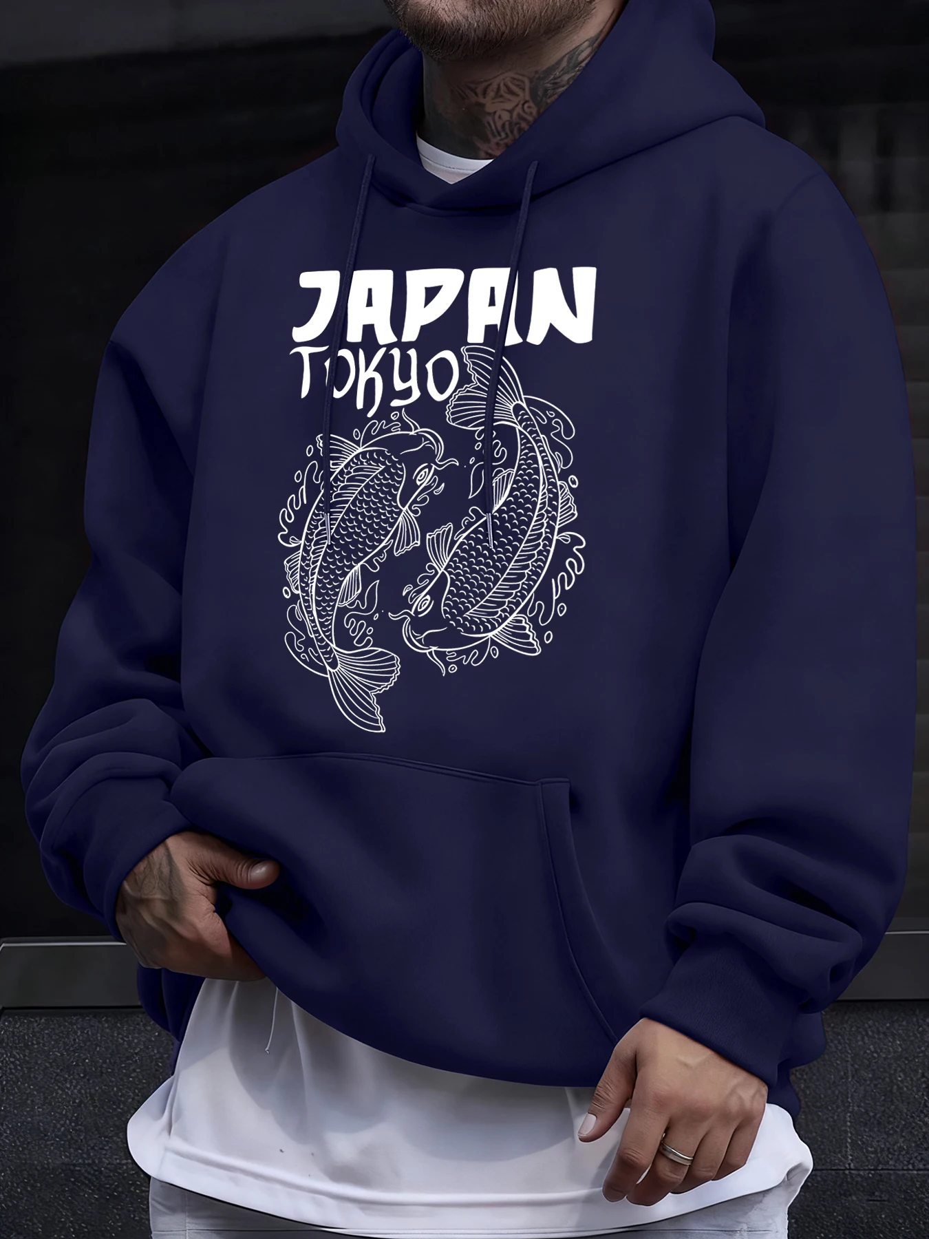 Japan Tokyo Harajuku Koi-Muster Herren-Kapuzenpullover im Ausverkauf, All-Match-Kapuzenpullover mit Taschen, lässiger Fleece-Streetwear, bequemer Hip-Hop-Pullover