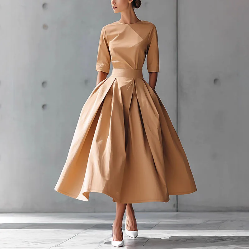 Robe longue de soirée à col rond pour femme, tenue décontractée, couleur unie, taille haute, poches plissées, manches 2026, style Boho, Maxi, nouvelle collection automne 3/4