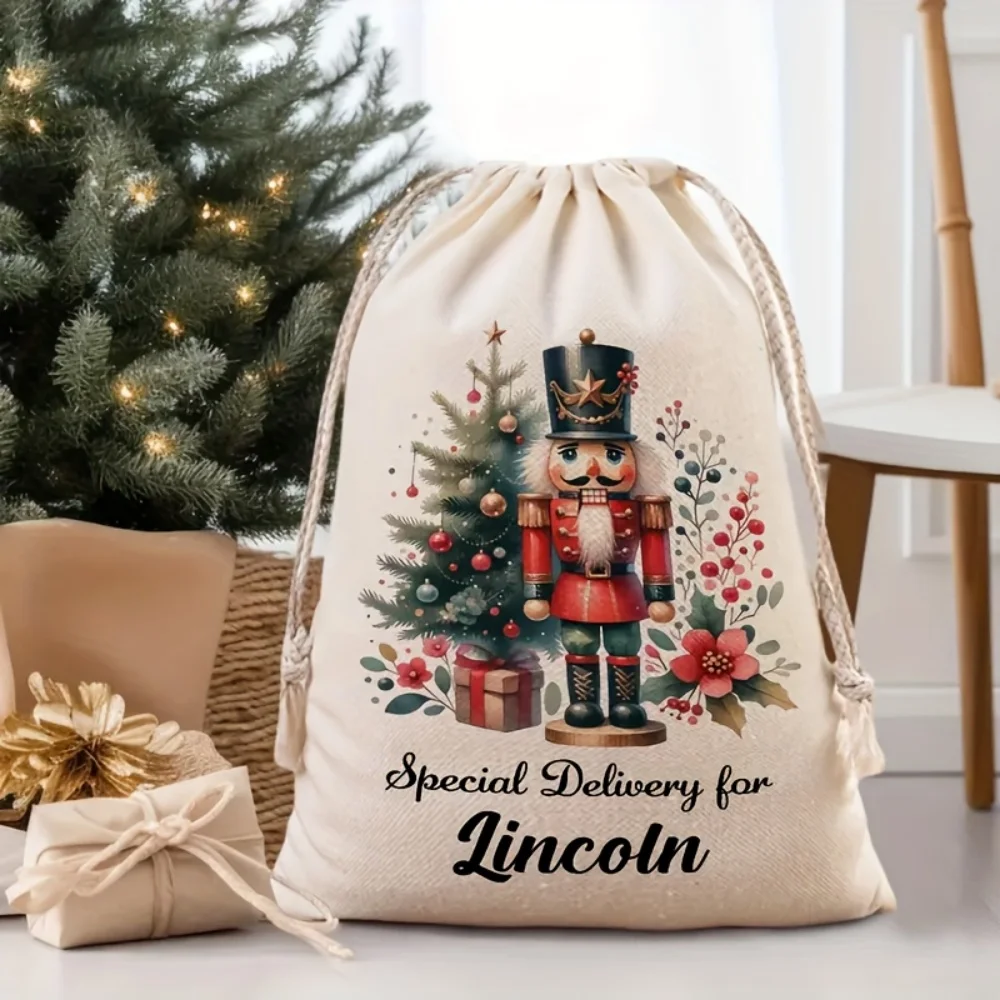 1Pc Christmas Custom Name/Text Imitation Hemp Gift Bag, Nutcracker Design Drawstring Closure Storage Pouch,Xmas Party Candy Bags