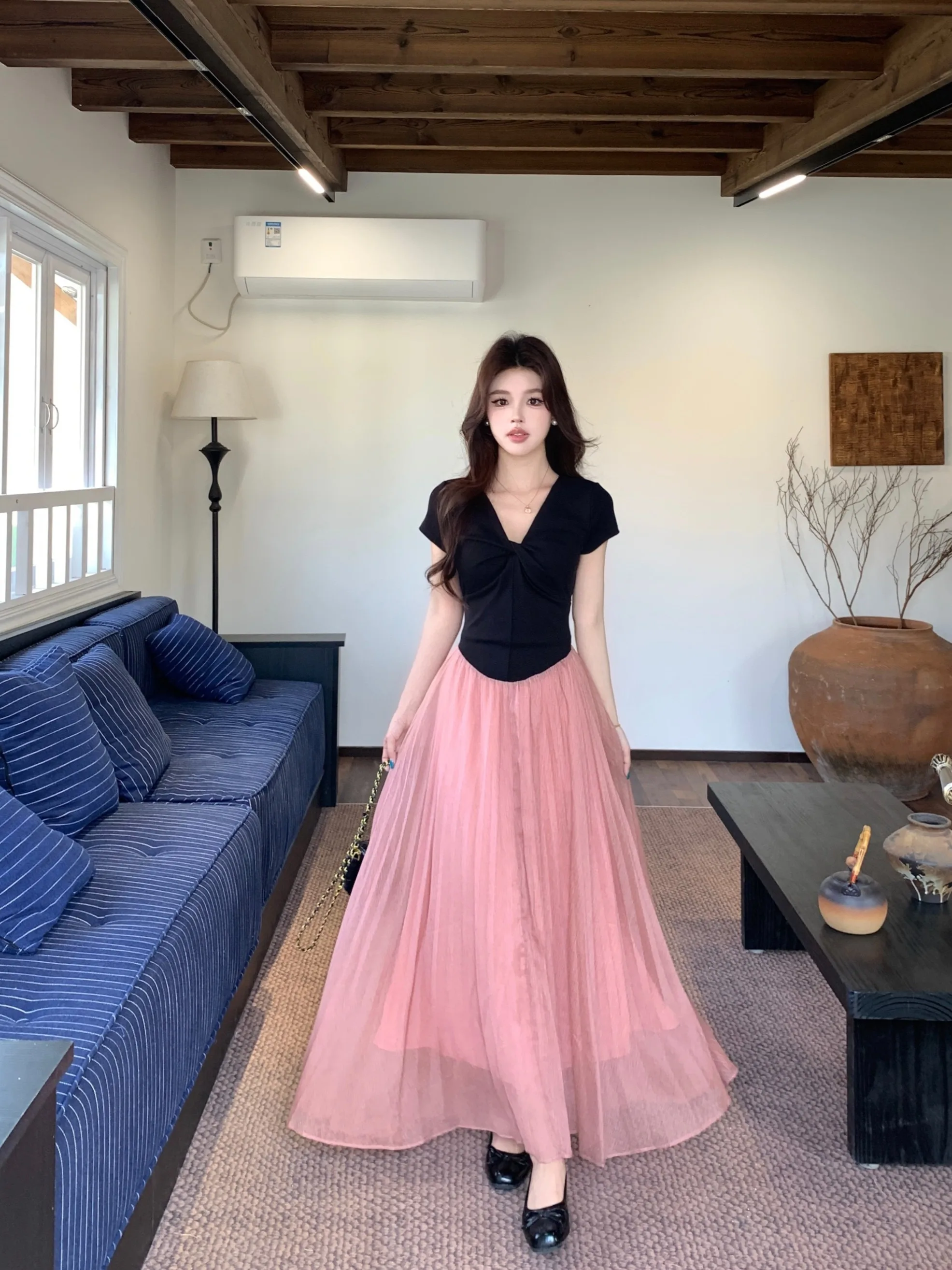 

Elegant V-Neck A-Line Long Dress plus Size Women's Clothing Soft Style Slimming High Waist Short Sleeve Summer Dress