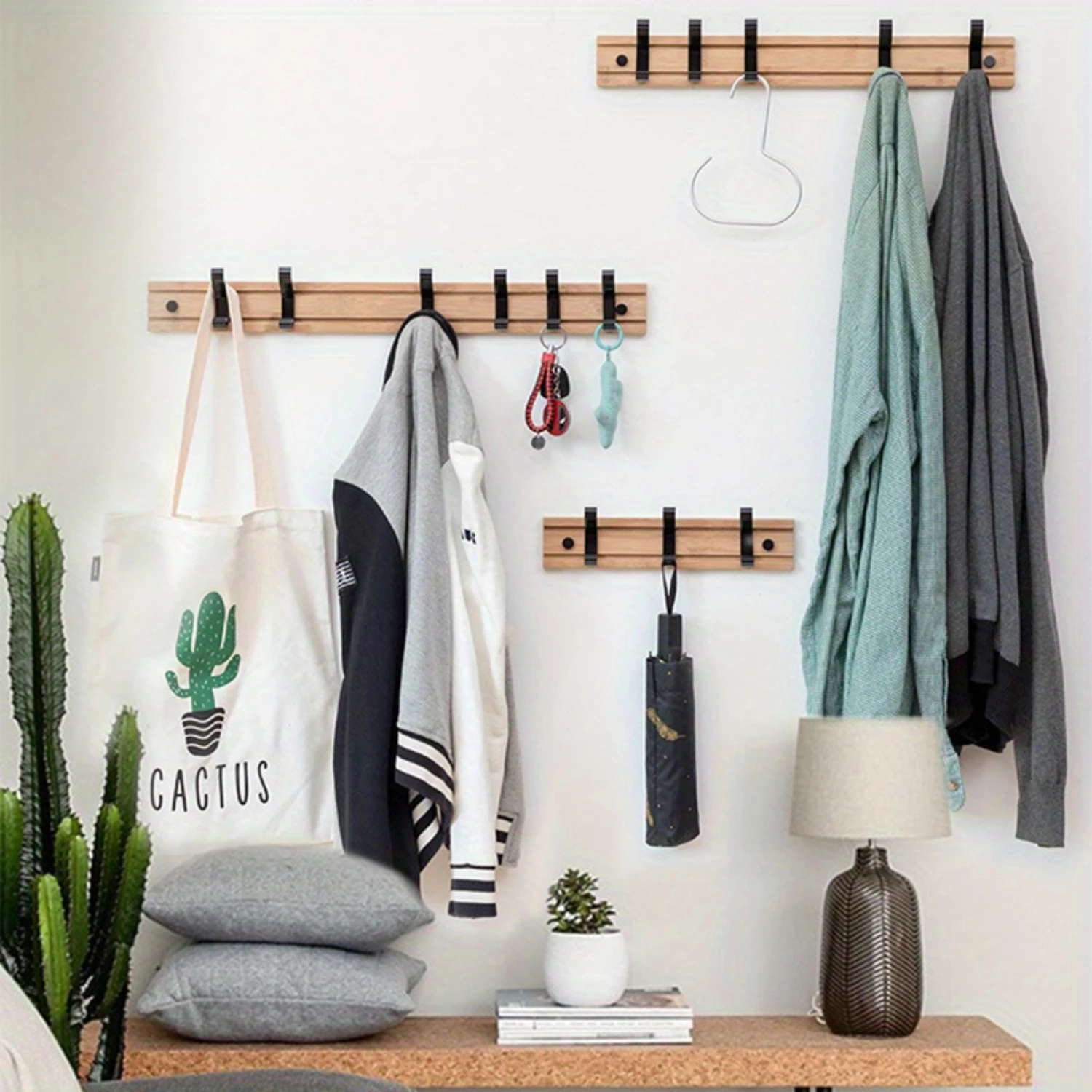 

Bamboo Wood Shelf with Hook, Entry Key Holder, Wall Mounted Clothes Hangers for Foyer, Creative Door Hanging Organizer